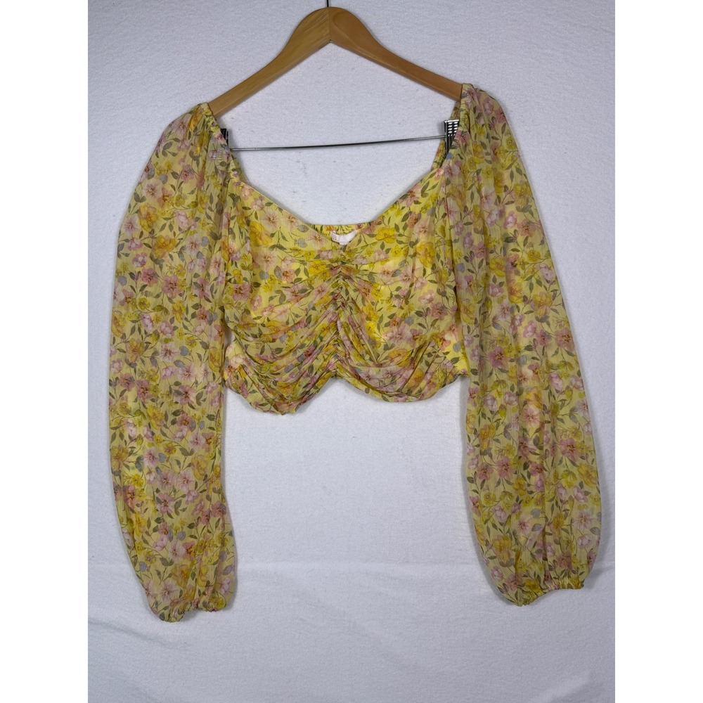 GB Floral Crop Top Womens Large Yellow Ruched Smocked Long Sleeve Whimsical NEW
